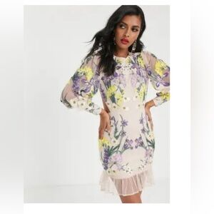 ASOS Nude Lacey floral spring dress, long sleeve, open back.